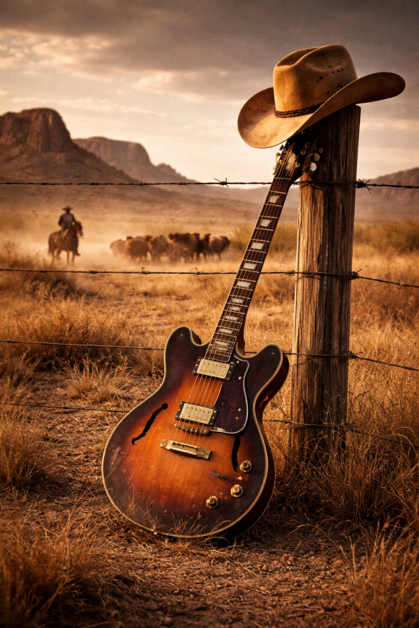 Foto einer Gitarre vor einer Rinderweide in den USA